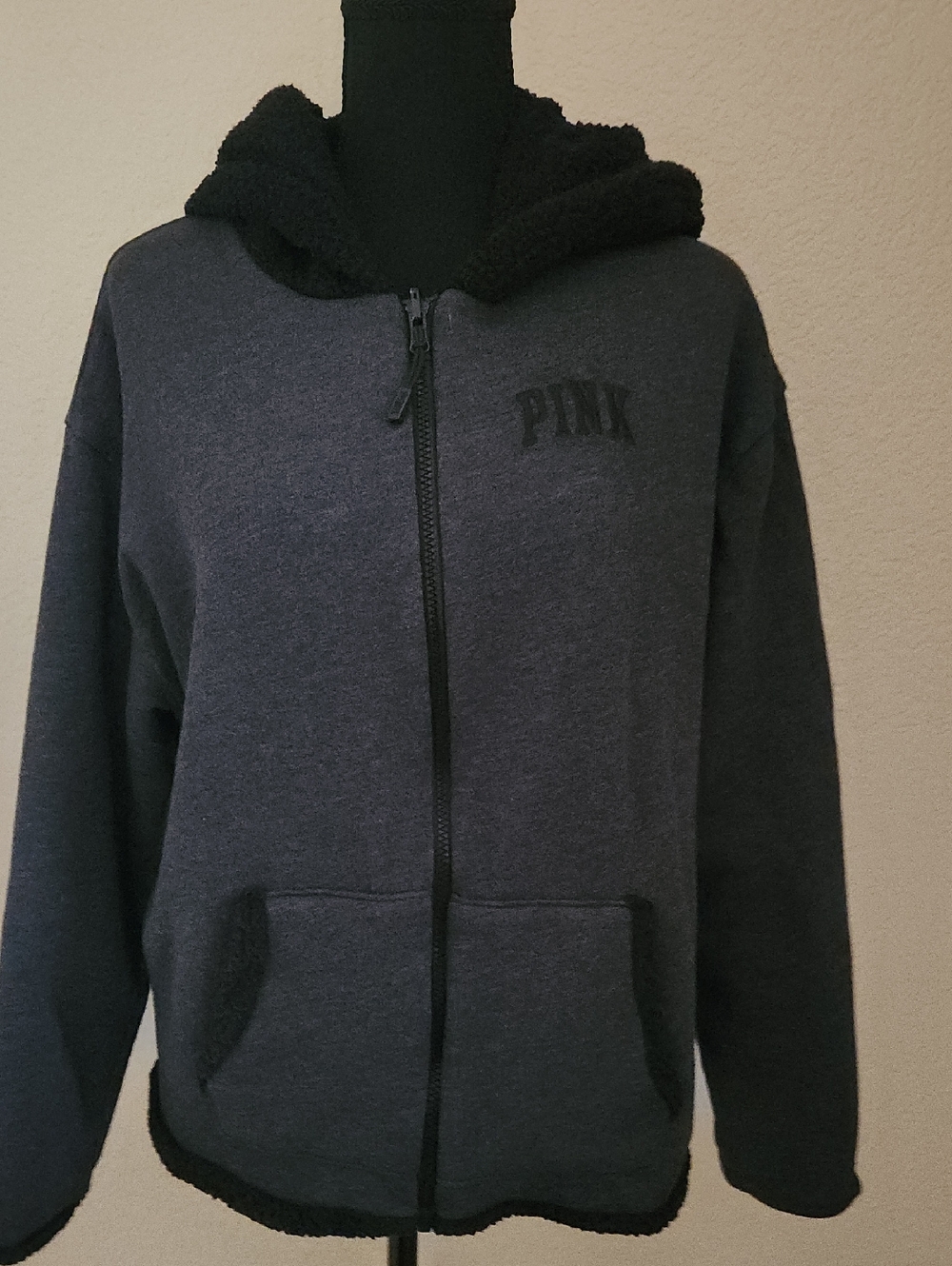 PINK Victoria's Secret Charcoal Gray Black Reversable Sherpa-Lined Zip Hoodie
